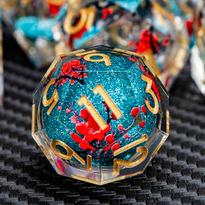 ARUOHHA DND Resin Dice Plum Blossom Liquid Core Dice Golden Blue Sharp Edged Polyhedral Dragons Dice Set with Gift Box, Dungeons D and D Dice Role Playing Game D20 D12 D10 D8 D6 D4 - color: Flower&golden Blue