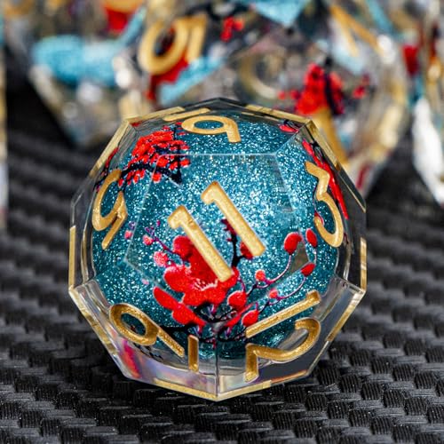 ARUOHHA DND Resin Dice Plum Blossom Liquid Core Dice Golden Blue Sharp Edged Polyhedral Dragons Dice Set with Gift Box, Dungeons D and D Dice Role Playing Game D20 D12 D10 D8 D6 D4 - color: Flower&golden Blue