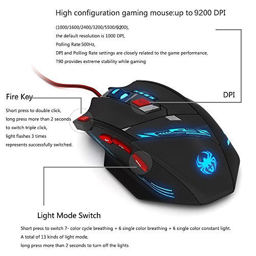 zelotes RGB Optical Gaming Mouse with Rapid Fire Button,9200 DPI (6-Level Adjustable), 8 Programmable Buttons,Adjustable Weights,USB Wired Ergonomic Mouse for Office/Gaming/Laptop/PC (Black)