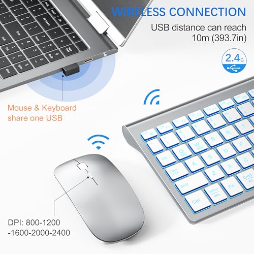 Wireless Backlit Keyboard and Mouse Ultra Slim Combo, TopMate 2.4G Silent Compact 2400DPI Mouse and Scissor Switch Keyboard Set, Batteries Included, for PC/Laptop/Windows/Mac/Gaming - BL Silver White - color: BL Silver White