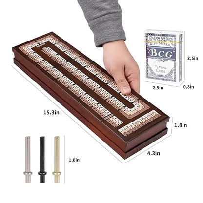 Rinten Solid Wood Cribbage Board Game Set for 2-4 Players with Cards | Classic card strategy game, integrated storage, durable metal pegs, playing cards included, wooden gift for adults - color: Brown