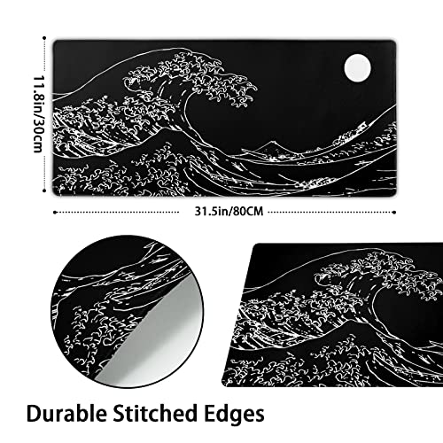 Black and White Japanese Sea Wave Mouse Pad,Extended Large Gaming Mouse Pads 31.5x11.8 in,Japanese Kanagawa Desk Mat,Laptop Mousepad Non-Slip Rubber MousePads for Office Home Travel - color: Japanese Sea Wave, size: 11.8" x 31.5"
