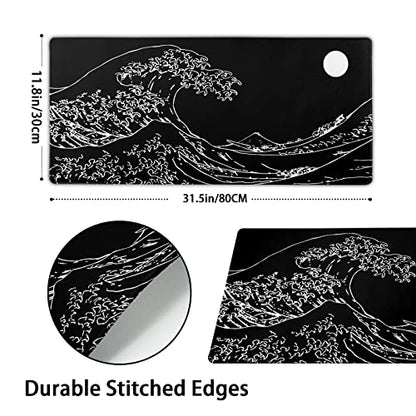 Black and White Japanese Sea Wave Mouse Pad,Extended Large Gaming Mouse Pads 31.5x11.8 in,Japanese Kanagawa Desk Mat,Laptop Mousepad Non-Slip Rubber MousePads for Office Home Travel - color: Japanese Sea Wave, size: 11.8" x 31.5"