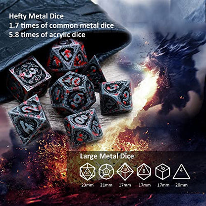 Haxtec Metal DND Dice Set, 7 Pcs Dragon Pattern Polyhedral Dice for RPG | Bloodstained D&D with Leather Bag, Compatible with Dungeons and Dragons, Heavy Metallic, TTRPG Gifts for Table Games - color: Antique Silver Red