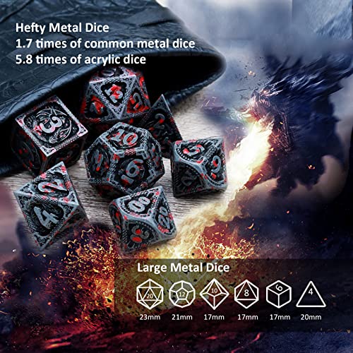 Haxtec Metal DND Dice Set, 7 Pcs Dragon Pattern Polyhedral Dice for RPG | Bloodstained D&D with Leather Bag, Compatible with Dungeons and Dragons, Heavy Metallic, TTRPG Gifts for Table Games - color: Antique Silver Red