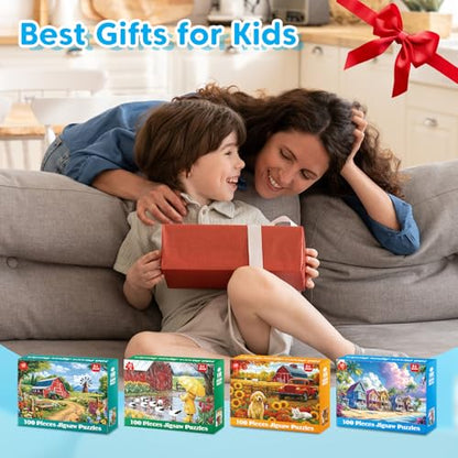 100 Piece Puzzles for Kids Ages 4-6 6-8 8-10 | Farms Beach Resort Jigsaw Puzzles for Seniors Adults, Educational Learning Toys Gifts for Girls Boys 4-Pack 15"x11" - style: Farms & Beach Resort