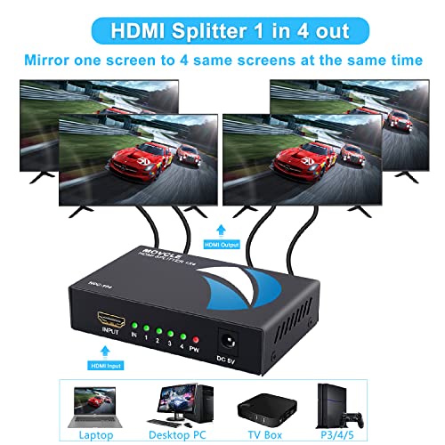 HDMI Splitter 1 in 4 out Full Ultra HD 1080P 4K/2K 1X4 Port Box Hub with US Adapter v1.4 Powered Certified for 3D Support | Powered HDMI Splitter, Plug & Play 4K HDMI splitter' 4-Way Output Compatible for Laptop, TV, PS5/4, Blu-ray - size: 1 in 4 out