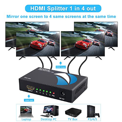 HDMI Splitter 1 in 4 out Full Ultra HD 1080P 4K/2K 1X4 Port Box Hub with US Adapter v1.4 Powered Certified for 3D Support | Powered HDMI Splitter, Plug & Play 4K HDMI splitter' 4-Way Output Compatible for Laptop, TV, PS5/4, Blu-ray - size: 1 in 4 out