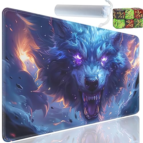 Playmat for MTG, 24x14 Inches Playmats, for TCG and CCG Trading Card Game Mat, Non-Slip Rubber for MTG Playmats with A Storage Bag and 6 Dice Set, Vicious Wolves Pattern - color: Yu-Playmat-1-C70