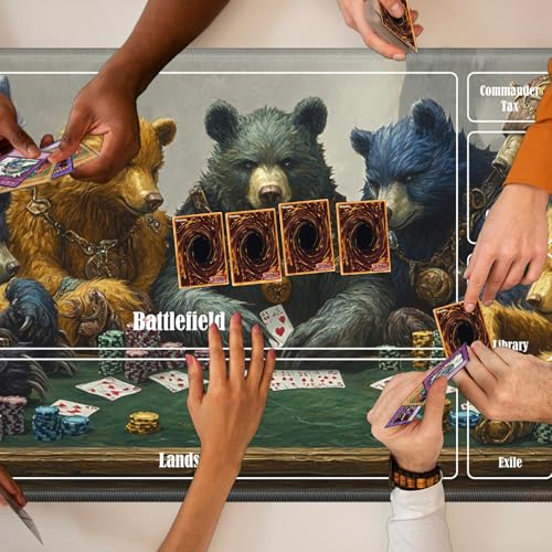 MTG Playmat with Zones, TCG Card Game Play Mat with Stitched Edges, Non-Slip Rubber Base Gaming Desk Mat, Smooth Surface 24 x 14 Inch, Bears Play Poker - color: Bears Play Poker, size: Zone 1