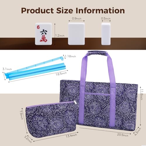 American Mahjong Tile Set with Purple Printed Carrying Bag, 166 Premium White Tiles, 4 All-in-One Color Racks/Pushers, Mah Jongg Sets, Complete Mahjong Game Set for Travel - color: Purple Print