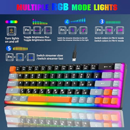 Snpurdiri 60% Percent Gaming Keyboard (68 Keys, Black-Grey-Orange) | Compact RGB Backlit Small Gaming Keyboard for Windows, PC, Laptop - color: Black Grey Orange