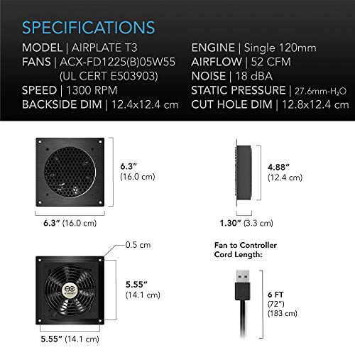 AC Infinity AIRPLATE T3, Quiet Cooling Fan System 6" with Thermostat Control, for Home Theater AV Cabinets - size: 6-Inch