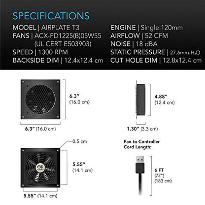 AC Infinity AIRPLATE T3, Quiet Cooling Fan System 6" with Thermostat Control, for Home Theater AV Cabinets - size: 6-Inch