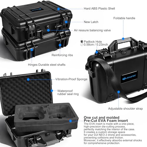 Lekufee Waterproof Hard Carrying Case for DJI Neo 2, Fly More Combo, DJI RC 2/RC N3, Battery(5 pcs), Charging Hub, and other Accessories(Case Only)