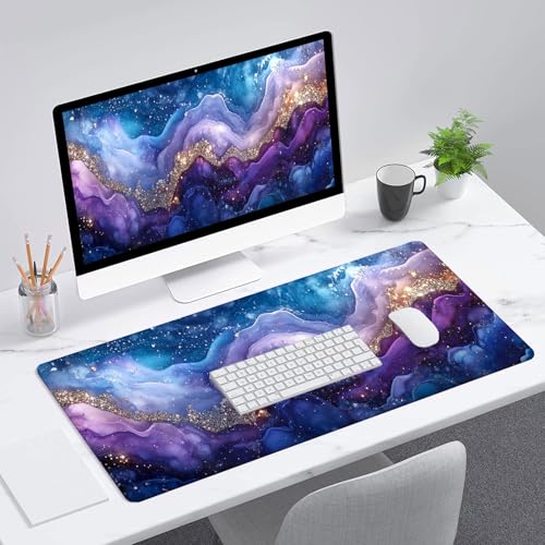 Marble Mouse Pad Fantasy Ink Painting Purple Blue Glitter Large Gaming Mouse Mat with Stitched Edges,Non-Slip Waterproof Rubber Base Mouse Mat Office Computer Keyboard Laptop Home 31.5"x11.8" - color: Marble, size: 31.5" x 11.8"