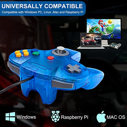 KIWITATA Classic N64 USB Controller for PC, Wired N64 Remote Game Pad Joypad Controller for Windows 7 8 11 & MAC & Raspberry Pi - color: blue