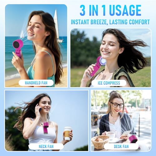 PlayHot Portable Handheld Cooling Fan, Travel Essentials, Gifts for Women | Instant Cooling, 10m/s Airflow, 5-Speed, 10H Max, USB-C Rechargeable, LED Display, 3-in-1 Foldable for Cruise, Beach Vacation - color: Magenta