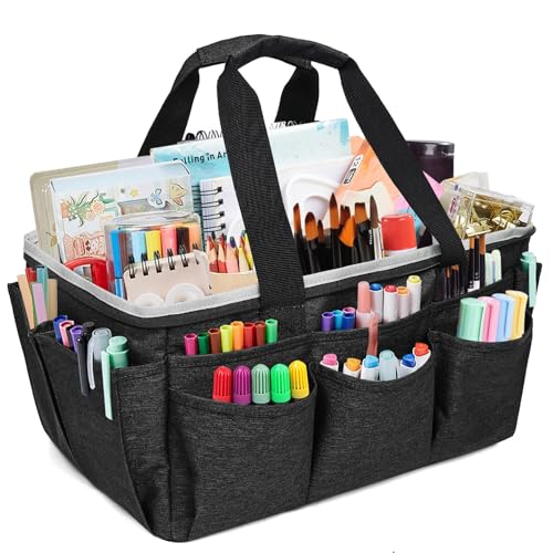Multi-Functional Tote Craft Bag Desktop File Folder Carrying Bag With Pockets For Art,Craft,Sewing, Travel, Daily Use,Office (Black) - color: Black
