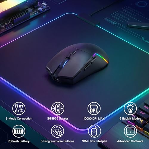 Redragon M730 PRO Wireless Lightweight RGB Gaming Mouse 10000 DPI | Cable-Free 0 Delay, Redefine Keybinding Macro, Vibing Backlight, Ergonomic Grip Body Comfort - size: Wireless