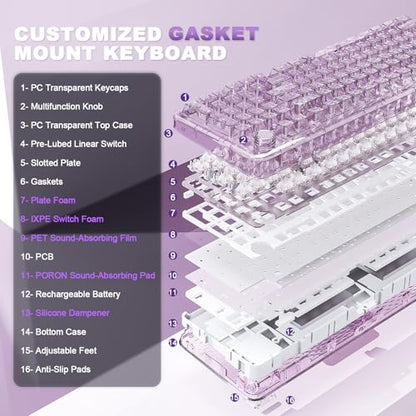 YUNZII X98 Wireless Mechanical Keyboard with Knob (Purple, Snow Switch) | BT5.0/USB-C/2.4GHz,1800 Layout with Number Pad,Pre-lubed Switches Gasket Mount ,Clear Keyboard with RGB for Wins/Mac/Gaming - color: Purple, size: Snow Switch