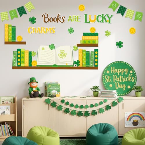 TICIAGA St.Patrick’s Day Book Learning Bulletin Board - 66Pcs Book are Lucky Charms Shamrock Bookshelf Cutout Border with Book Flag Banner for Irish School Library Classroom Chalkboard Wall Decoration - style: St Patricks Da