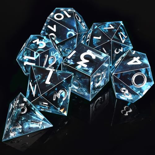 AUSTOR 7-Die DND Dice Set Handmade Sharp Edge Polyhedral Dice for Dungeons and Dragons D&D RPG MTG Table Games (Blue & Black, Silver) - color: Blue & Black，silver