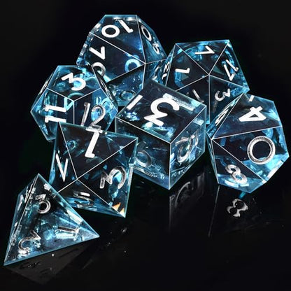 AUSTOR 7-Die DND Dice Set Handmade Sharp Edge Polyhedral Dice for Dungeons and Dragons D&D RPG MTG Table Games (Blue & Black, Silver) - color: Blue & Black，silver