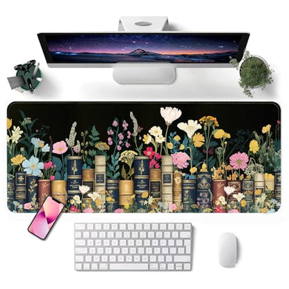 Mouse Pad, Desk Mat, 31.5x11.8in Large Mousepad, Books & Flowers | Desk Pad with Stitched Edge & Rubber Non-Slip Bottom, Gaming Mouse Pad, Extended Mousepad for Home, Office - color: Books & Flowers