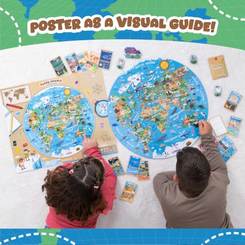 BONNYCO Giant Floor Puzzles for Kids World Map with 70 Large Pieces. Round Globe Puzzle with Animals, 23 x 23 in, 15 Cards, 4 3D Figures, Guide. Learning Gifts, Toys for 4 Year Old Boys
