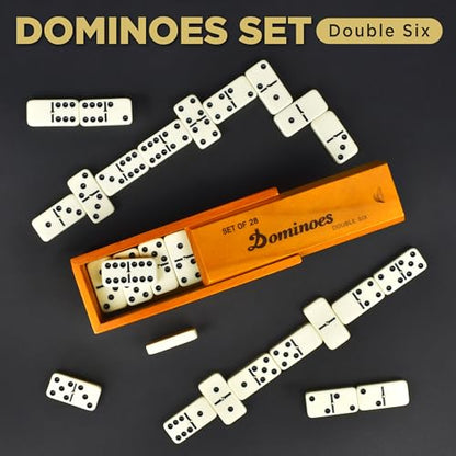 Queensell Dominos Set for Adults, Double 6 Dominoes Set with 28 Tiles in Wooden Case, Classic Dominoes, Family Board Game for Kids & Adults, Travel Game for Family Game Night, Juegos de Mesa - style: Medium