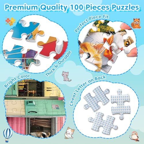 4-Pack 100 Piece Puzzles for Kids Ages 4-6, 6-8 | RV Trailer, Hot Air Balloon, Girl & Cats | Engaging & Educational Jigsaw Puzzles for Girls and Boys - style: Hot Air Balloon