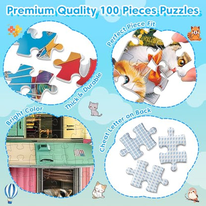 4-Pack 100 Piece Puzzles for Kids Ages 4-6, 6-8 | RV Trailer, Hot Air Balloon, Girl & Cats | Engaging & Educational Jigsaw Puzzles for Girls and Boys - style: Hot Air Balloon