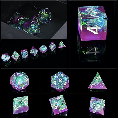 Sharp Edge DND Dice Set Handmade 7 Accessories Dice for Dungeons and Dragons TTRPG Games, Multi-Sided RPG Polyhedral Resin Sharp Edge Dice Roleplaying Games (Purple Green) - color: Purple Green