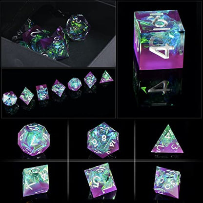 Sharp Edge DND Dice Set Handmade 7 Accessories Dice for Dungeons and Dragons TTRPG Games, Multi-Sided RPG Polyhedral Resin Sharp Edge Dice Roleplaying Games (Purple Green) - color: Purple Green
