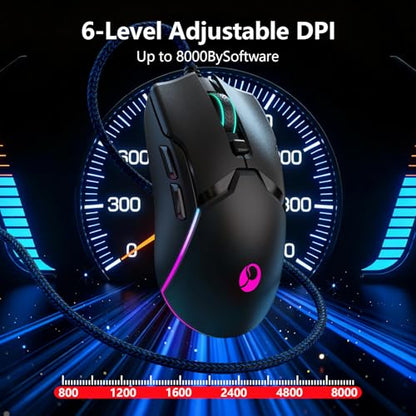 Wired Gaming Mouse,Ergonomic 8000 DPI Optical Gaming Mice with 12 RGB Backlit Modes, 6 Programmable Buttons, DIY Software for PC Gamer & Office