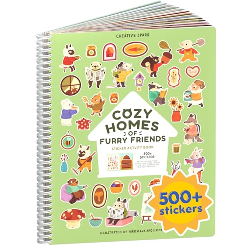 Cozy Homes of Furry Friends 500+ Sticker Book by Cupkin Fun Toddler Calendar Activity Coloring + Sticker Book, Road Trip Essentials, 12 Coloring Pages + Scenes for Ages 2–8 Years - color: Cozy Homes