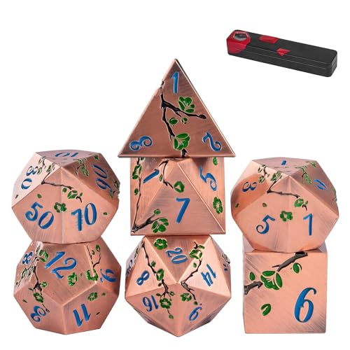 UDIXI Metal DND Dice Set Copper, 7PCS Metal Polyhedral Dice Set for D&D RPG | Green Flower, Metal Case Packaging, Heavy Metal Dice, D&D Gift, for Dungeons and Dragons Role Playing Games Tabletop Games - color: Flower/Copperblue
