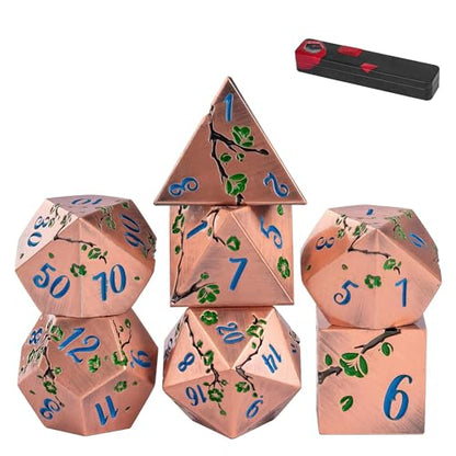 UDIXI Metal DND Dice Set Copper, 7PCS Metal Polyhedral Dice Set for D&D RPG | Green Flower, Metal Case Packaging, Heavy Metal Dice, D&D Gift, for Dungeons and Dragons Role Playing Games Tabletop Games - color: Flower/Copperblue