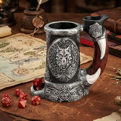Dice Tower Mug, Dice Rolling Tower, Comes with 7 PCS Dice Set, Suitable for DND Dungeons and Dragons, Tabletop Games, Available As Drink Holder, D&D Gifts, DND Accessories (Silver-Black Wolf) - color: Silver-black Wolf