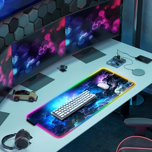 Gerlos RGB Gaming Mouse Pad, Large LED Desk Mat, 31.5 x 11.8 Inch | 12 light modes, non-slip base, water-resistant surface, stitched edges - color: Blue