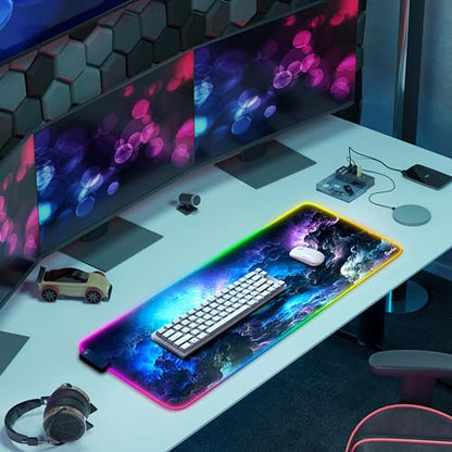 Gerlos RGB Gaming Mouse Pad, Large LED Desk Mat, 31.5 x 11.8 Inch | 12 light modes, non-slip base, water-resistant surface, stitched edges - color: Blue