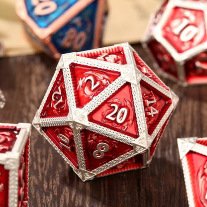 Metal Dice Set, Fly Dragon Pattern, 7pcs Polyhedral Metal DND Dice Set, DND Starter Set, D&D Gifts with Gift Box, Role Playing Board Games Accessories, Red ﻿ - color: Red