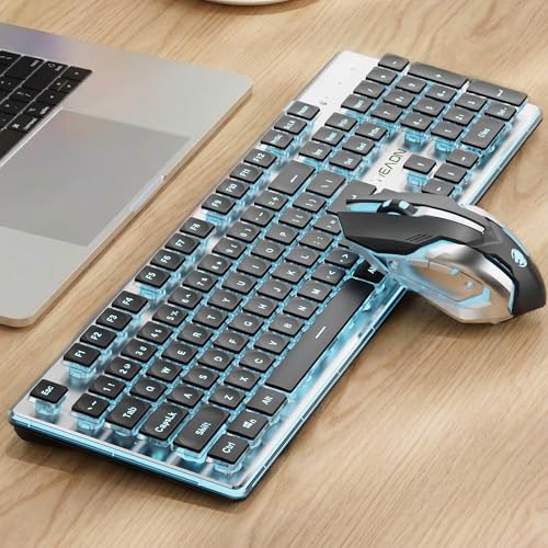 Wireless Keyboard and Mouse Combo with White Backlit Pudding Keycaps, Bluetooth & 2.4G, 2000mAh Rechargeable, Full Size, Metal Panel Quiet Computer Keyboard Set for Windows PC Desktop - Black - color: Black
