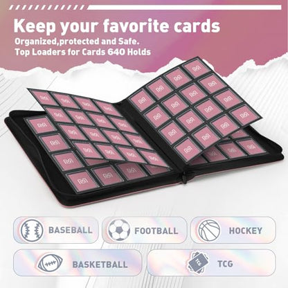 16 Pocket Toploader Binder,Holds 640 TopLoaders (16 Pink) | Top Loader Binder for 3" x 4"Rigid Cards,Sleeves Card Collection Binder,20 Double Sided Pages with Trading & Sports Holder - color: 16Pink