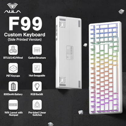 AULA F99 Wireless Mechanical Keyboard,Triple-Mode(BT5.0/2.4GHz/USB-C),Gasket Mounted Creamy Keyboard with Linear Switches, Side Printed PBT Keycaps,RGB Backlit PC Gaming Keyboards for Win/Mac - color: White