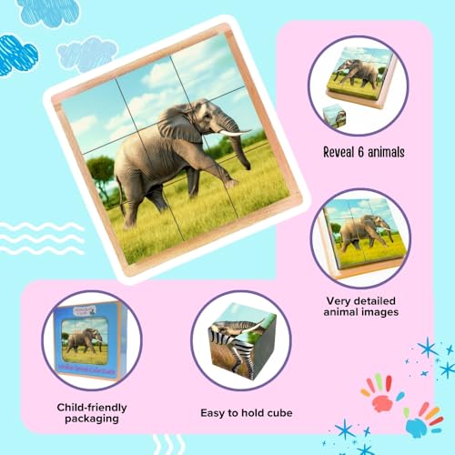 6-in-1 Wooden Animal Puzzle – Montessori Cube Toy for Kids – Realistic African Safari Animals Educational Wood Blocks for Toddlers Ages 3–6 - style: African Safari Animals