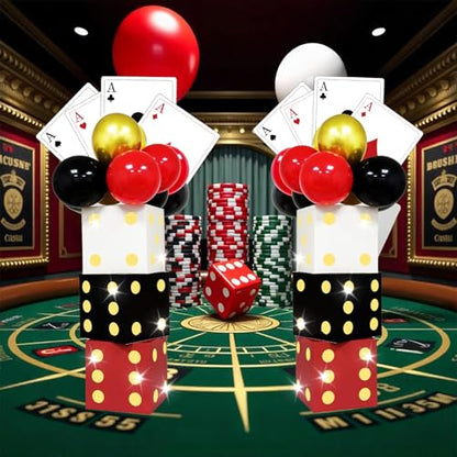 AerWo 81 Pcs Large Dice Boxes Casino Theme Party Decorations with Balloons & Jumbo Poker Cards, 11 inch Giant Dice Box with String Lights for Las Vegas Game Night Party Backdrop Red Black Golden