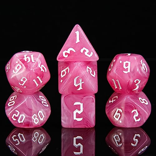 7PCS Polyhedral DND Dice, D&D Dice Set Filled with Pink and White Swirls for Role Playing Dice Games as DND RPG MTG Table Games - color: Pink and White