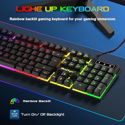 BlueFinger Gaming Keyboard USB Wired Full Size Keyboards, Rainbow Backlit Light Up Keyboard with Multimedia Keys, Quiet Typing for Windows PC Laptop